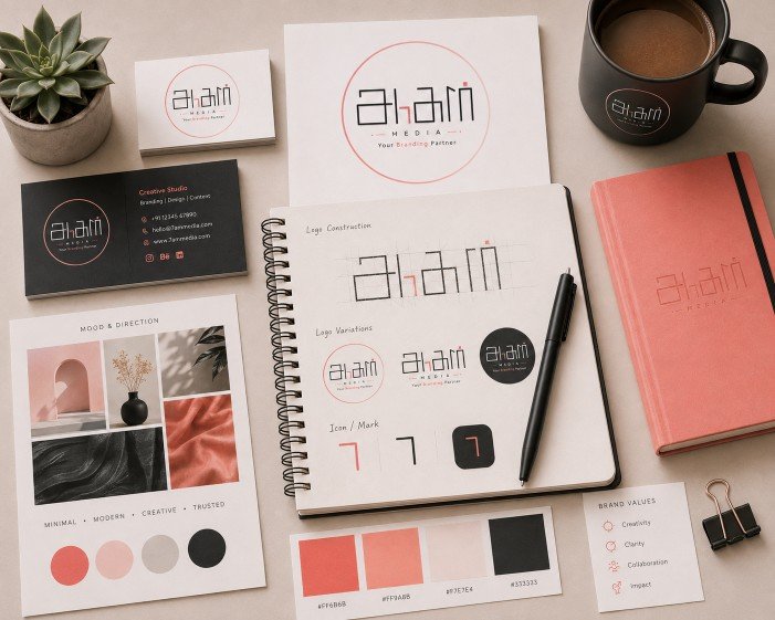 Brand identity design process with logo sketches and colour palette