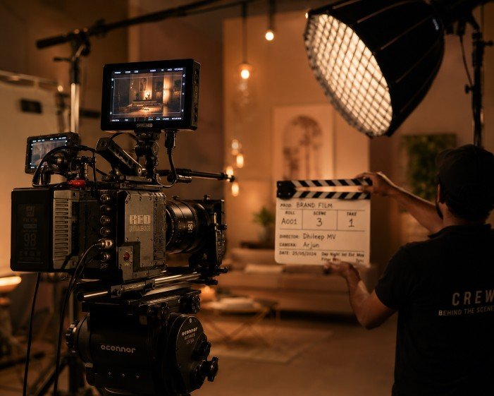 Cinema camera and lighting rig on a film production set