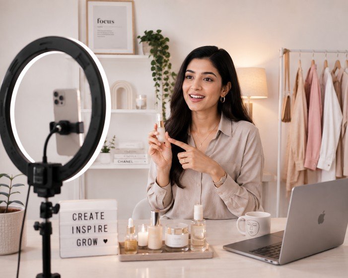 Content creator recording social media video with ring light