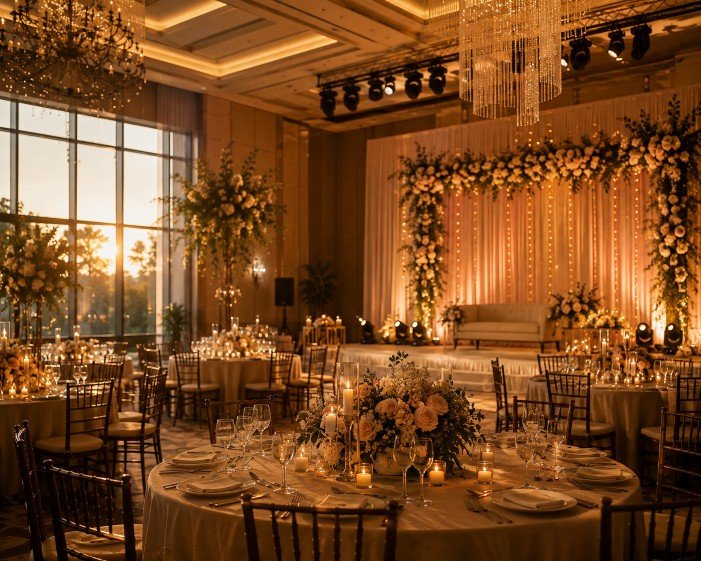 Elegantly decorated event venue with ambient lighting