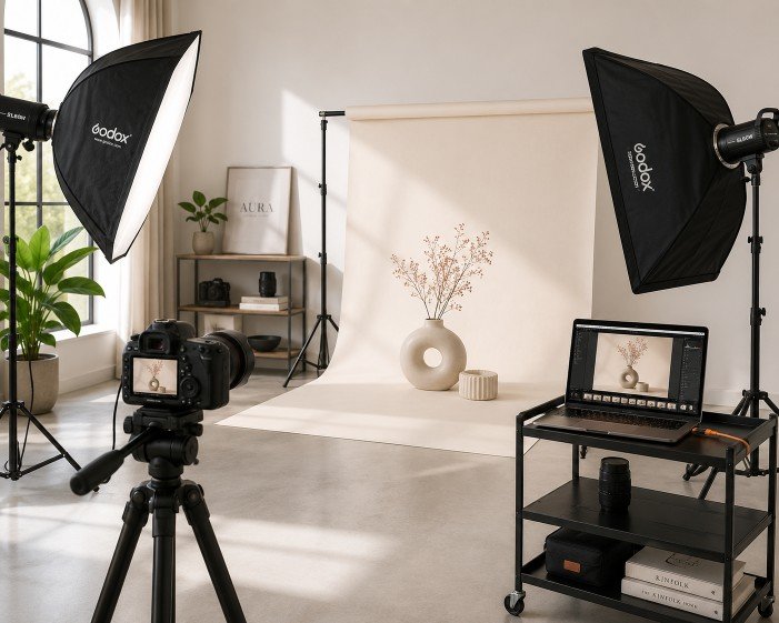 Professional photography studio setup with softbox lighting